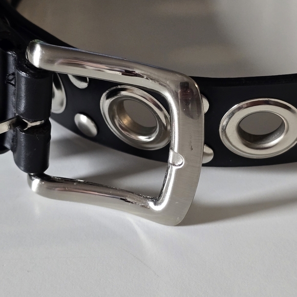 Black Faux Leather and Silver Studded Grommet Belt - Picture 2 of 4